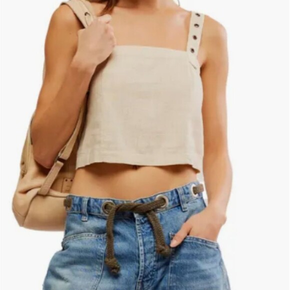 Free People Tank Crop Syd Grommet Linen Boho Natural Relaxed Back Snap Cream L - Picture 12 of 12